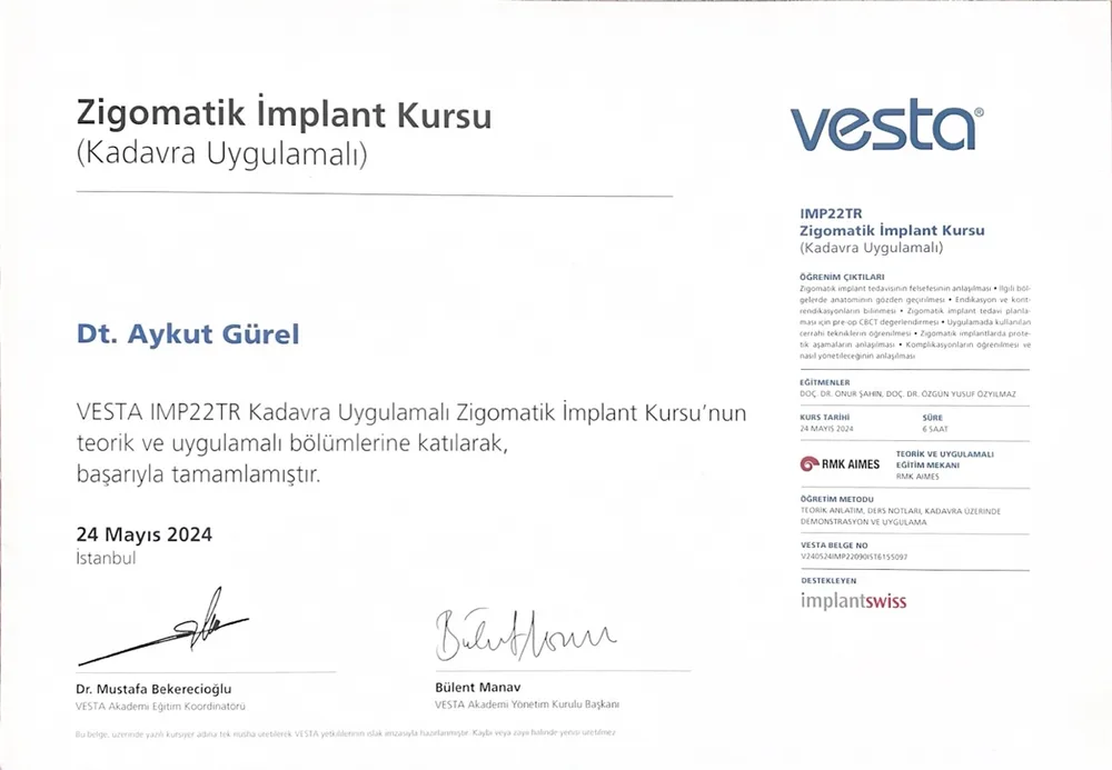 VESTA Akademi - Zigomatik İmplant Kadavra Kursu Sertifikası - Dt. Aykut Gürel